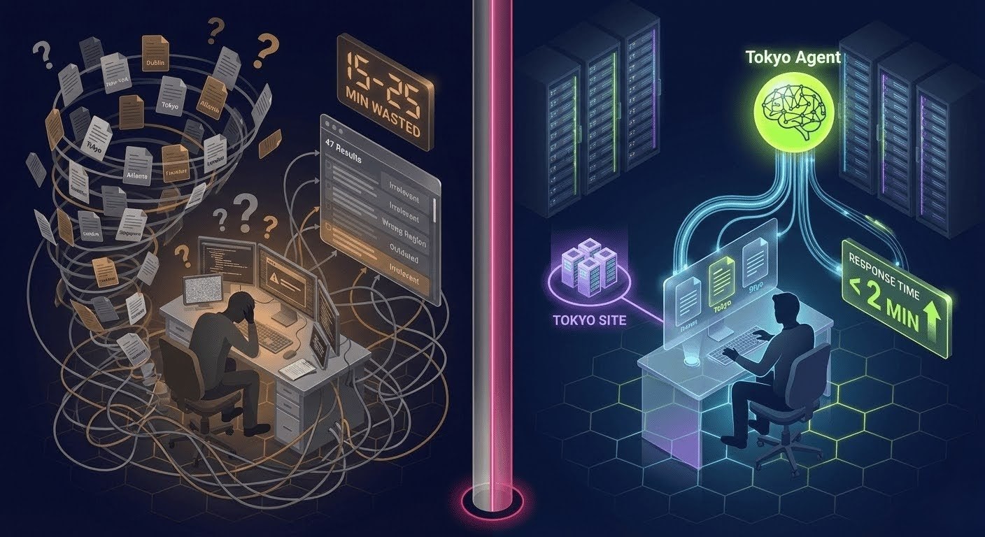 Centralized vs Site-Specific Comparison: Split-screen showing chaos of centralized search vs clarity of site-specific agents