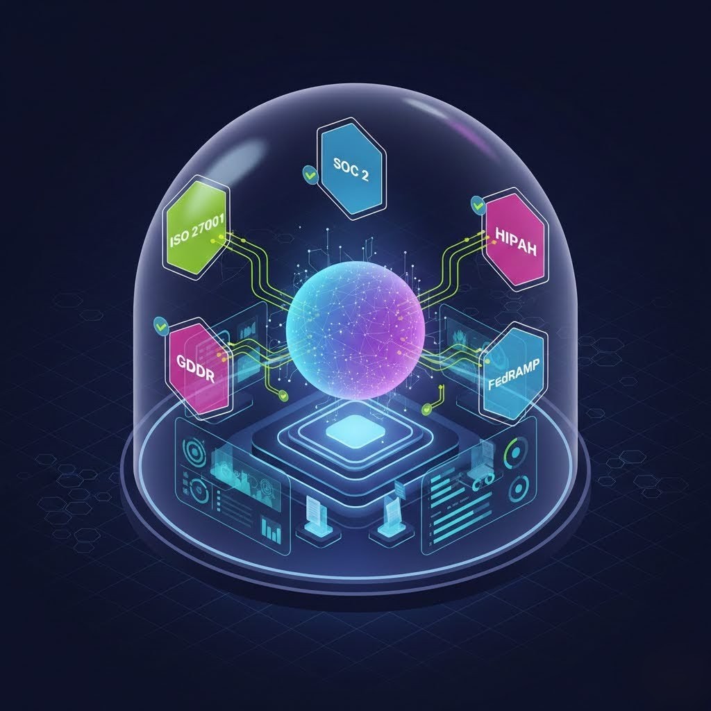 AI-Powered Compliance Command Center: Central AI core orchestrating multiple regulatory frameworks including ISO 27001, SOC 2, HIPAA, GDPR, and FedRAMP