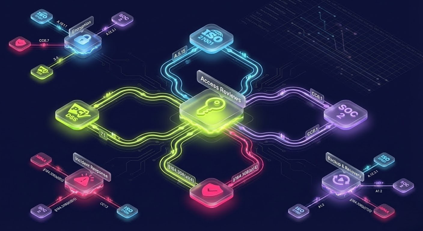 Cross-Framework Control Mapping: Single controls like Access Reviews satisfying multiple frameworks (ISO 27001, SOC 2, HIPAA, PCI DSS) simultaneously
