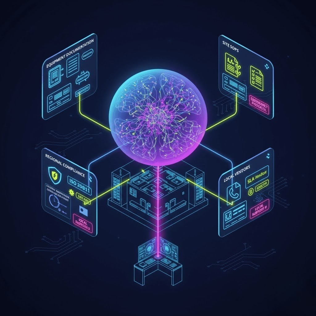 Site-Specific Agent Architecture: Detailed view of what a site-specific agent contains - equipment docs, local SOPs, regional compliance