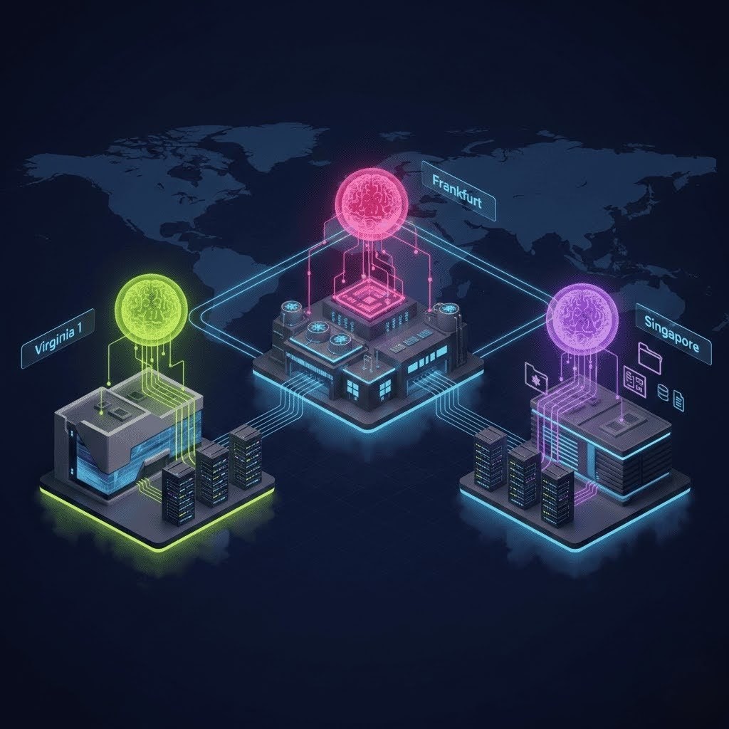 Multi-Site RAG Agent Ecosystem: Global view of multiple data center sites, each with its own dedicated RAG AI agent