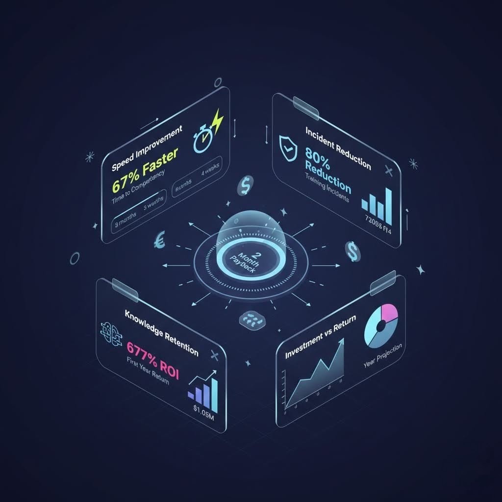Training ROI Dashboard - 677% First-Year ROI with 67% faster competency and 80% incident reduction