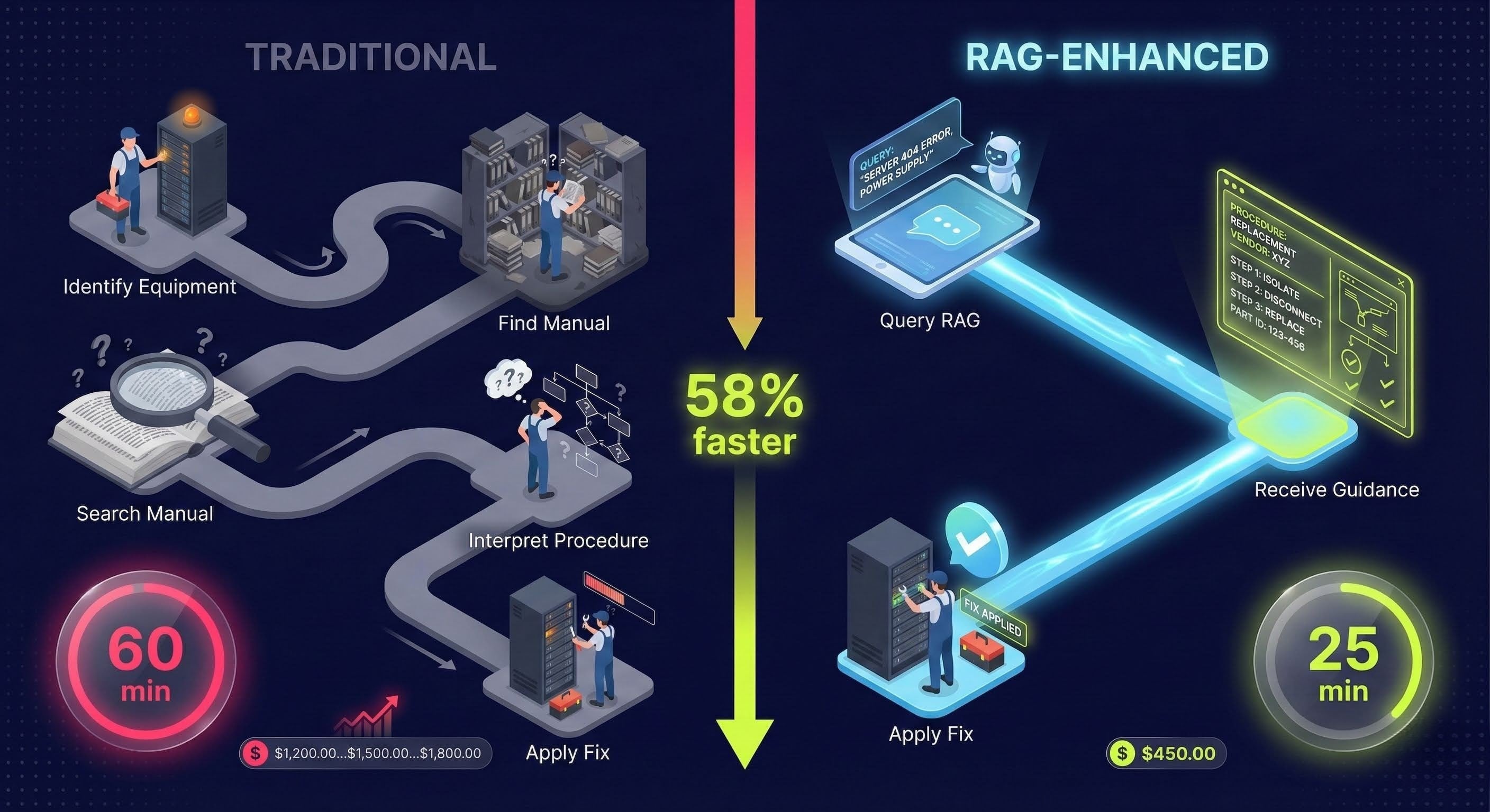 Traditional vs RAG-Enhanced Maintenance - 60 minutes reduced to 25 minutes, 58% faster