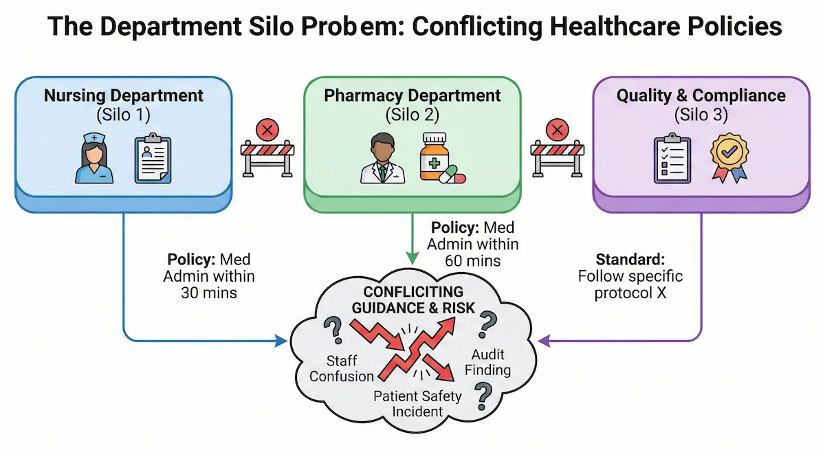 A diagram showing the silo problem in enterprise healthcare policy management.