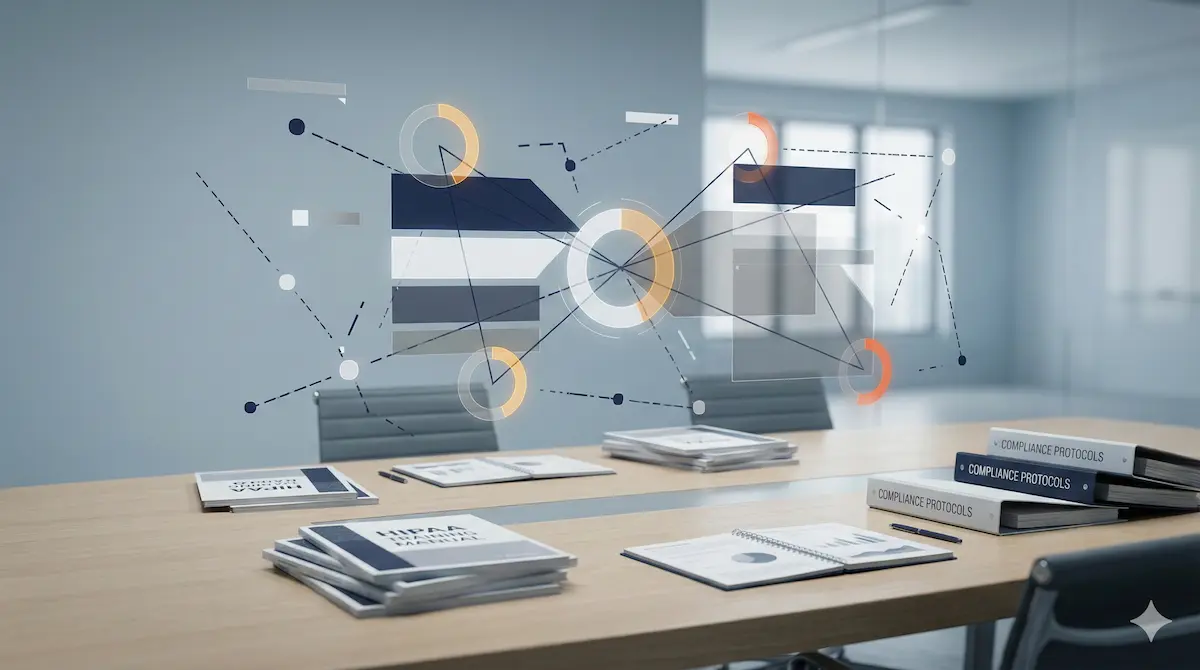 Conference table displaying stacks of HIPAA training manuals and compliance protocol binders with an abstract digital data chart overlay.