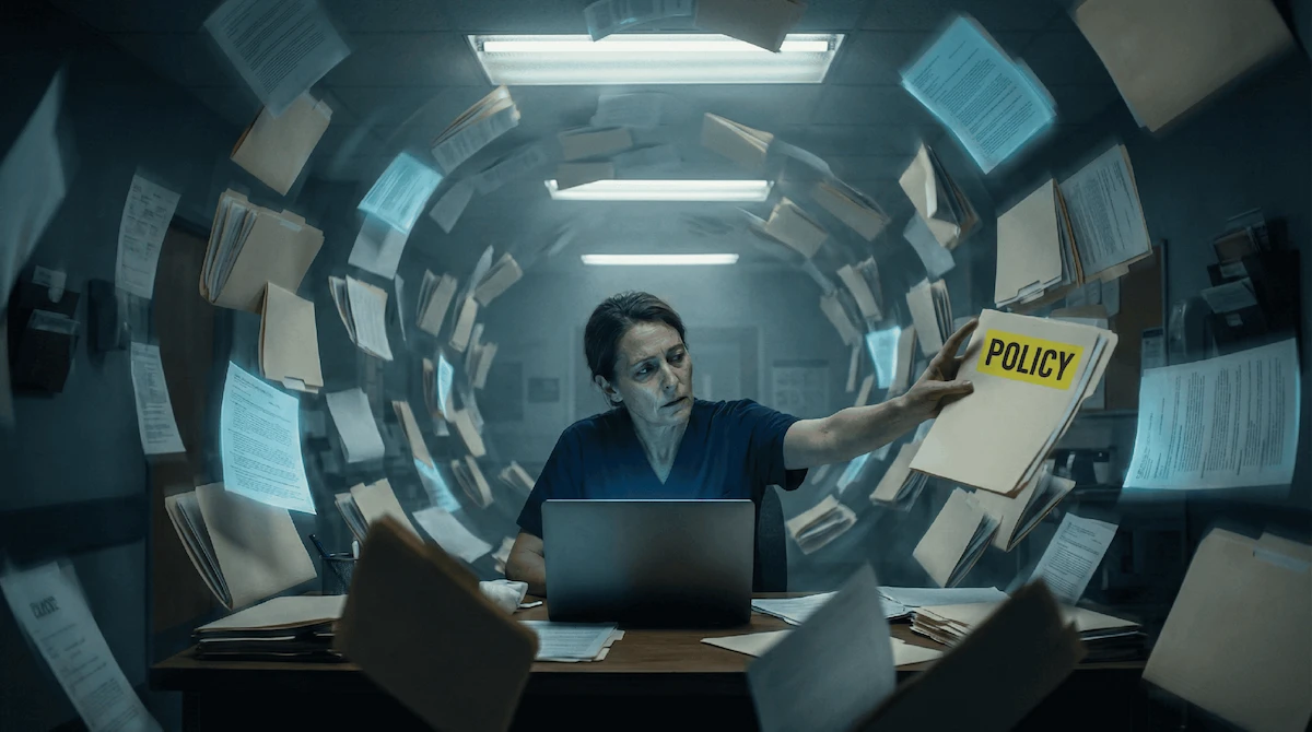 Healthcare professional overwhelmed by floating policy documents while searching for critical hospital policies