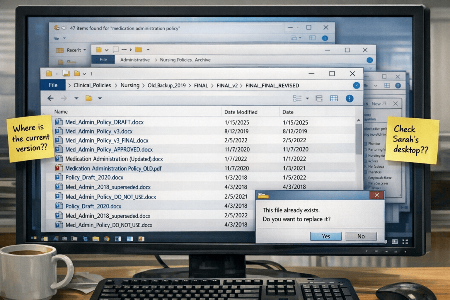 Cluttered file system with multiple policy document versions causing confusion and frustration in healthcare settings