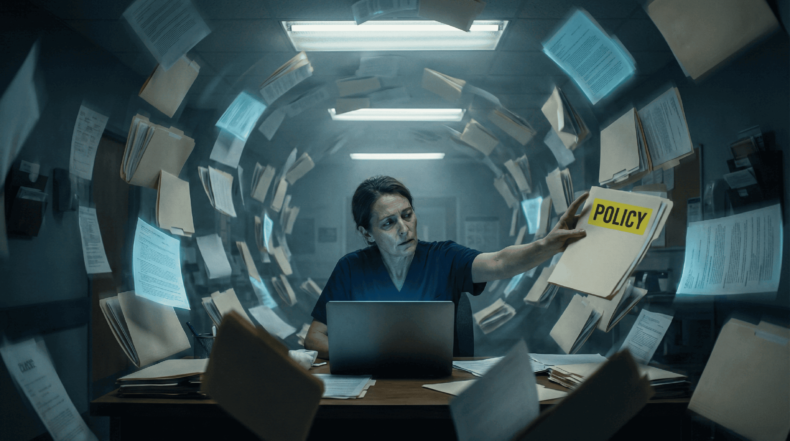 Healthcare professional overwhelmed by floating policy documents while searching for critical hospital policies