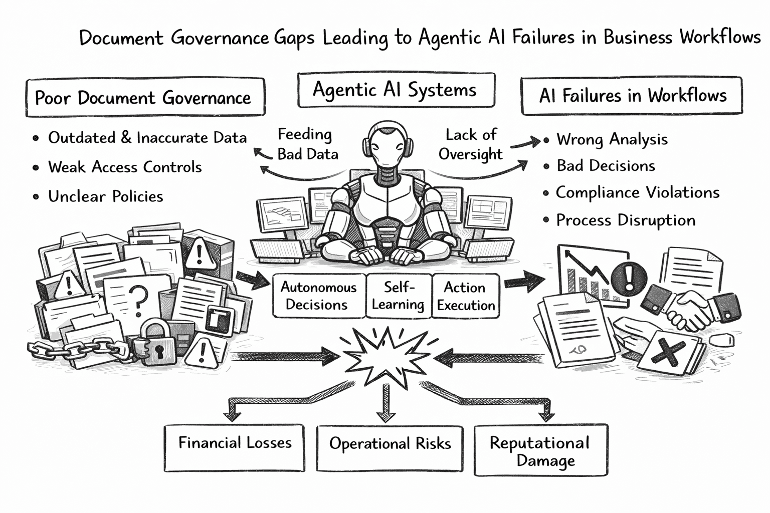 Process flow showing how enterprise document governance gaps lead to agentic AI failures in business workflows