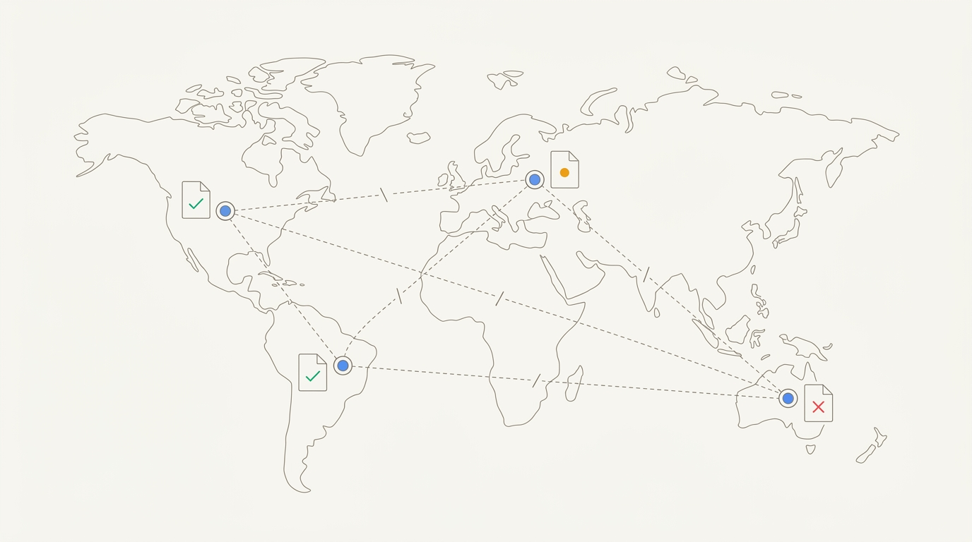 Cross-border policy management showing conflicting regulatory requirements across jurisdictions