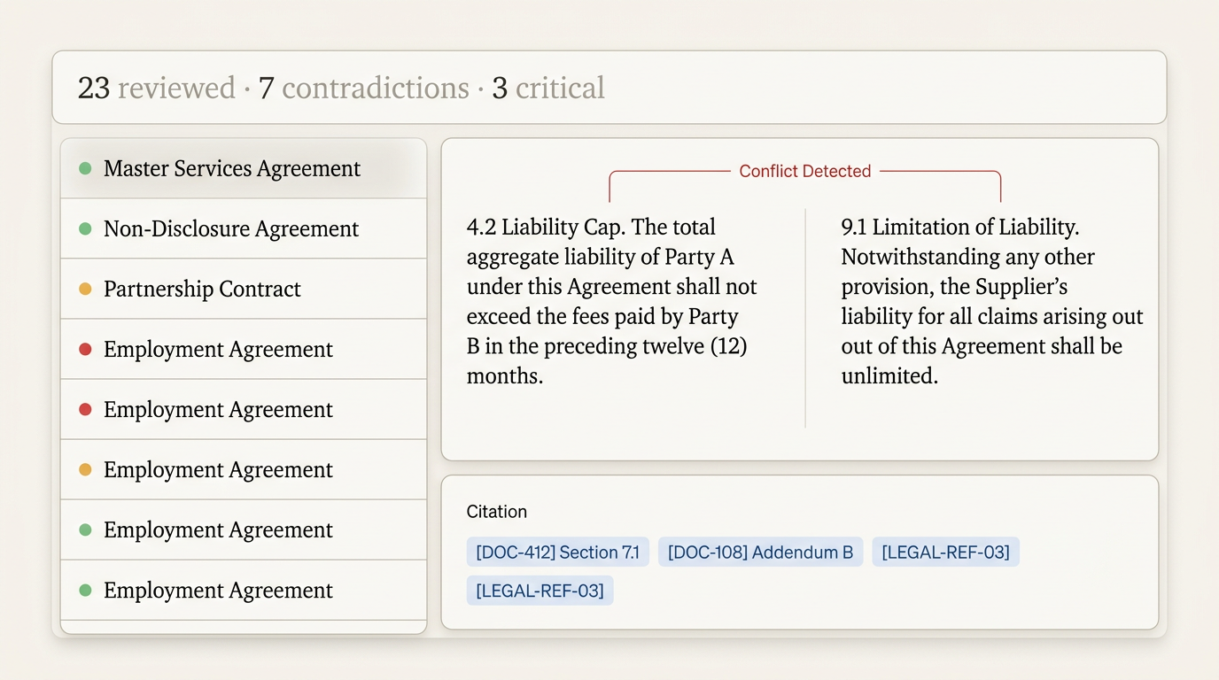 Contract analysis dashboard showing detected contradictions with source citations