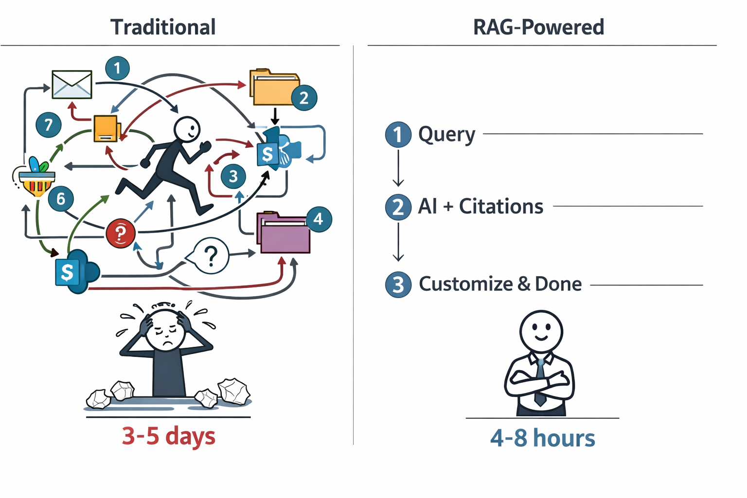 Traditional RFP workflow with scattered systems taking 3-5 days versus RAG-powered workflow completing in 4-8 hours