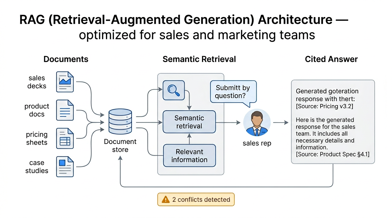 RAG architecture diagram showing how sales and marketing documents flow through retrieval, grounding, and cited answer generation