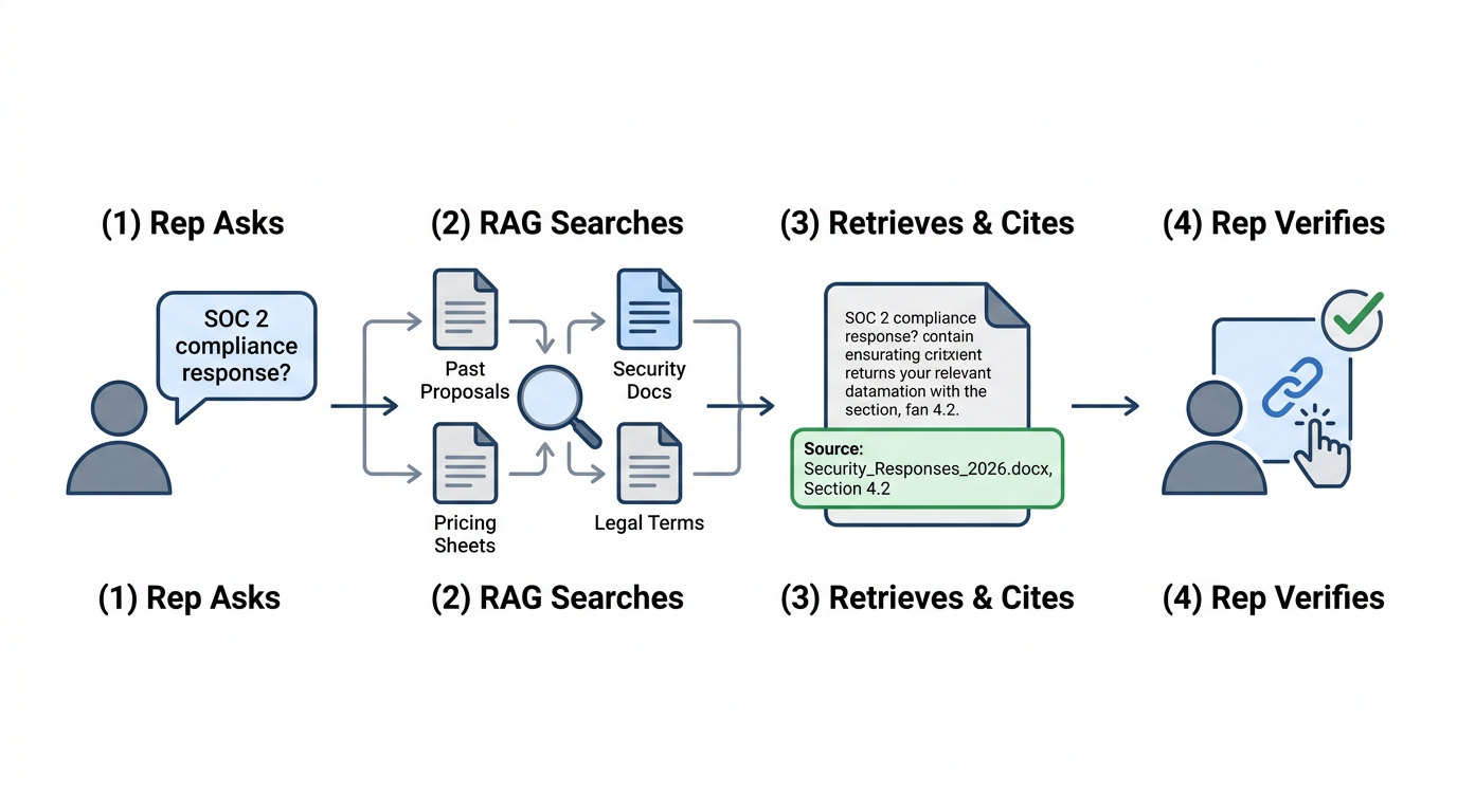 Process flow showing how a RAG system retrieves, cites, and verifies RFP answers from indexed company documents