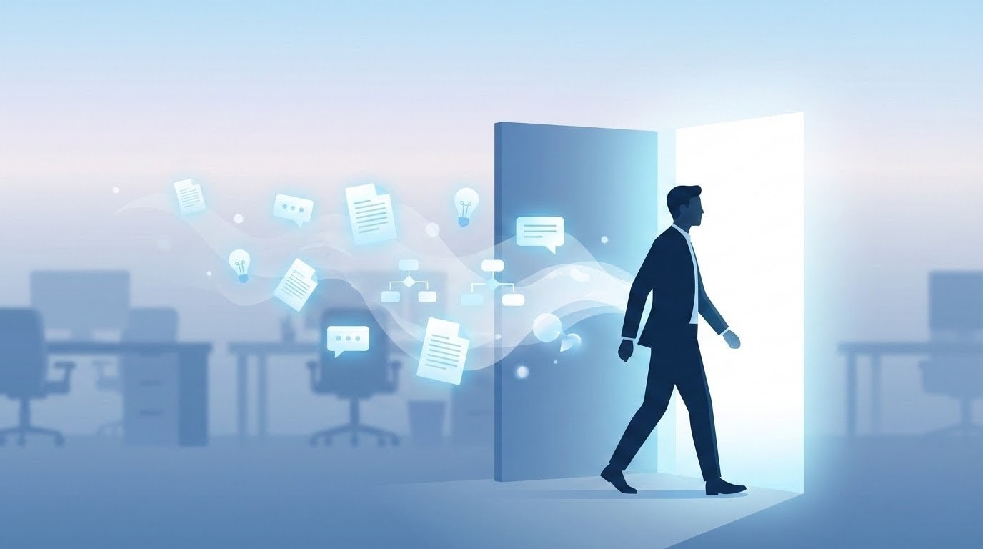 Sales professional walking out the door with knowledge floating away