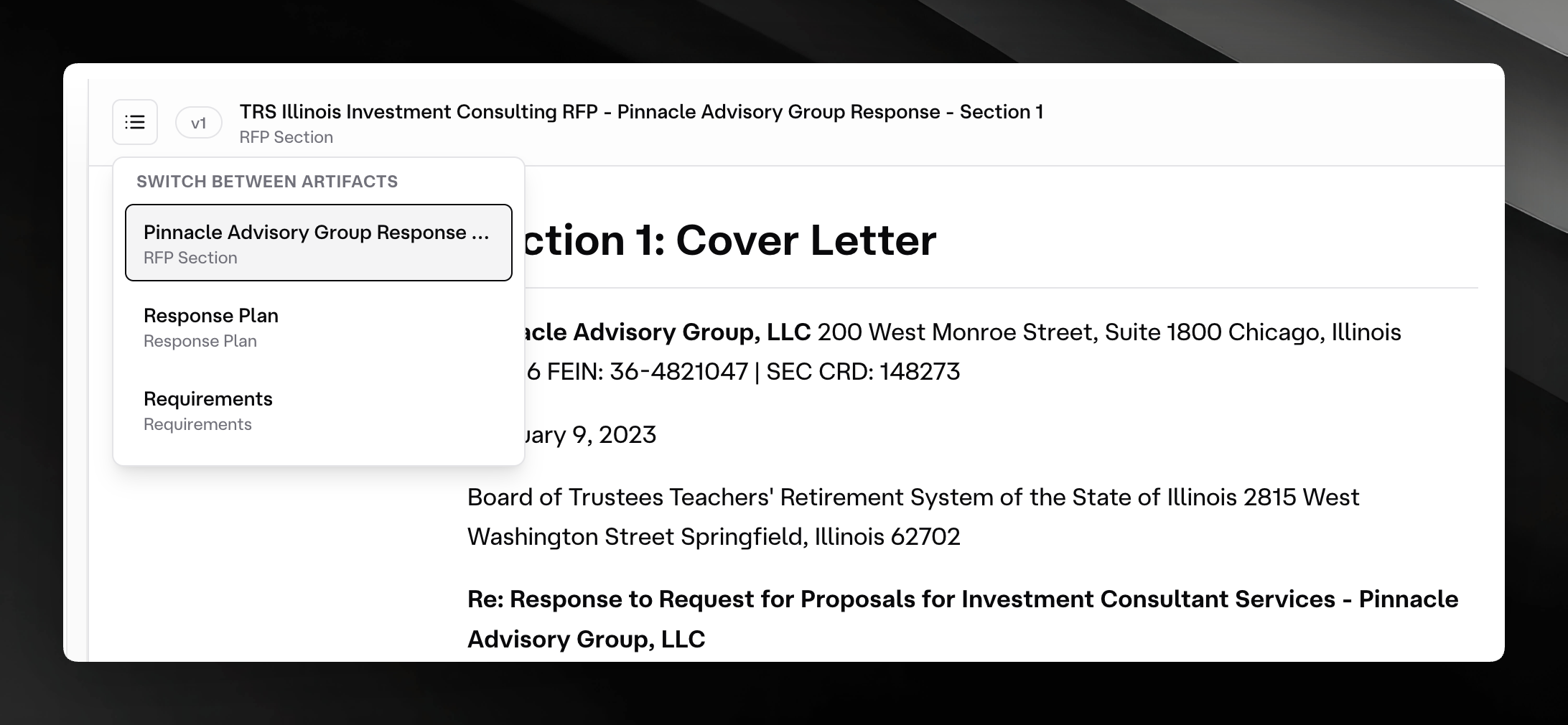 Mojar artifact switcher showing the RFP section, response plan, and requirements artifacts for one RFP, with version v1 indicated