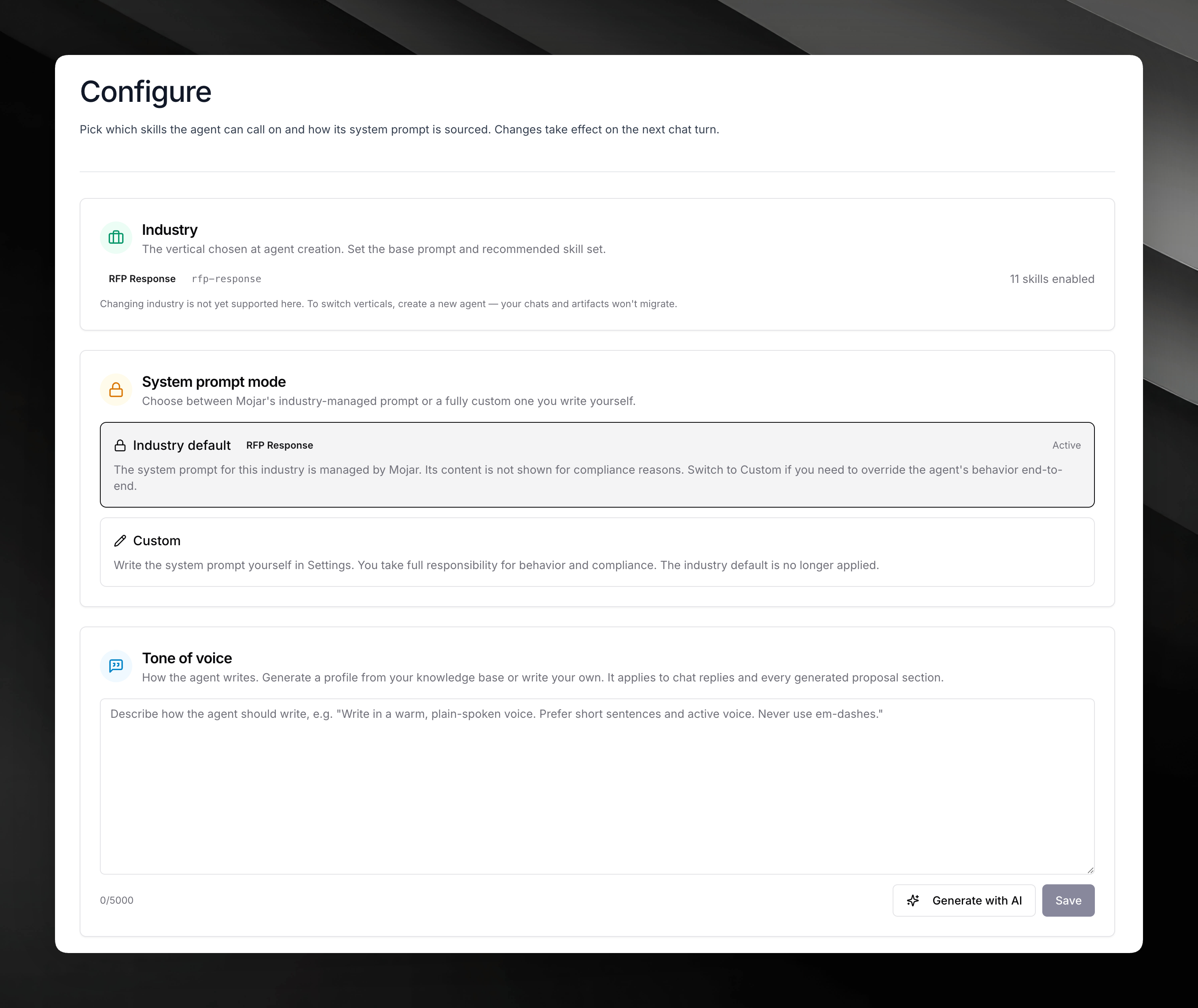 Mojar agent configuration screen showing the RFP industry preset, system prompt mode, and tone of voice settings