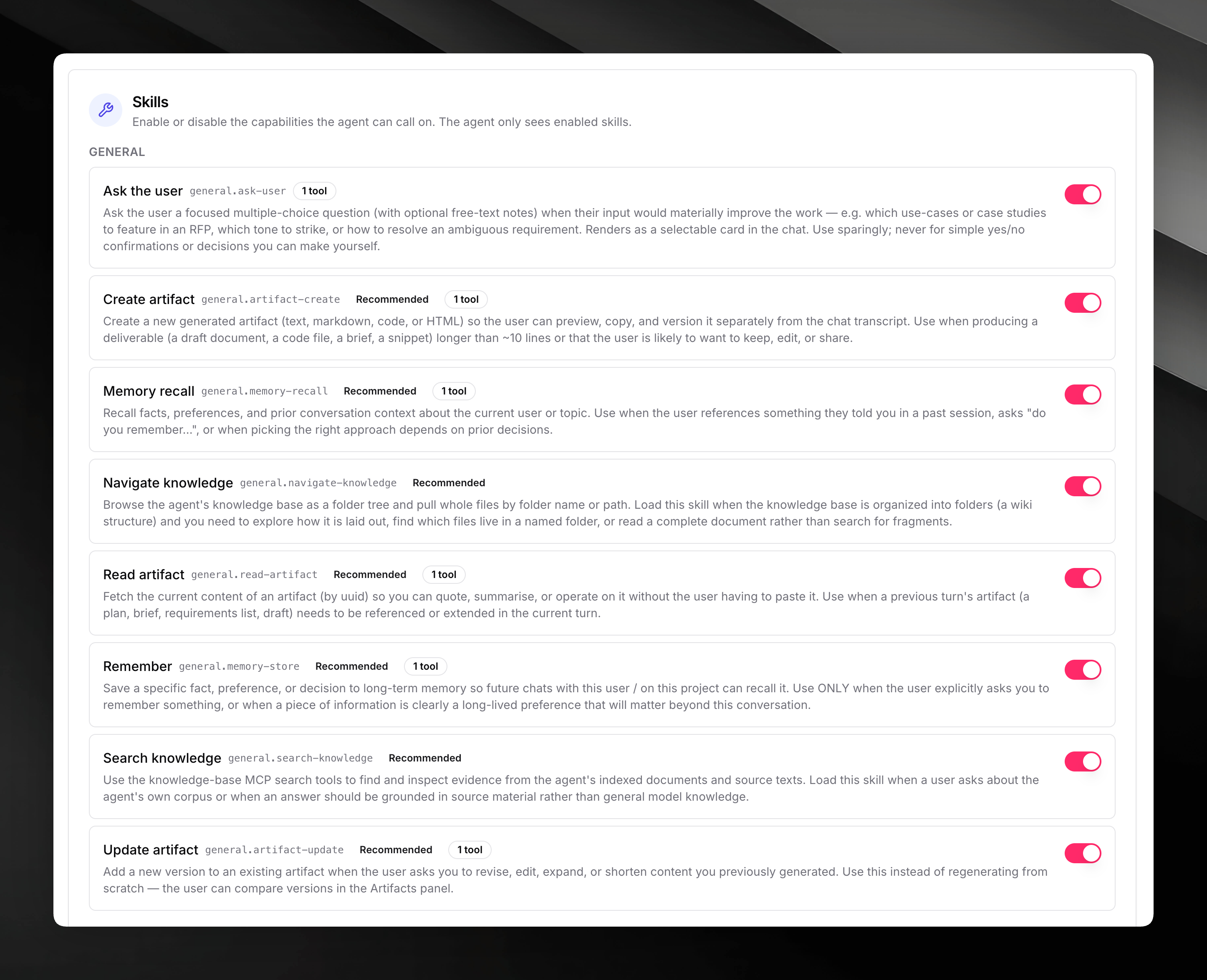 Mojar skills configuration showing toggles for general skills including ask user, create artifact, memory recall, navigate knowledge, read artifact, remember, search knowledge, and update artifact
