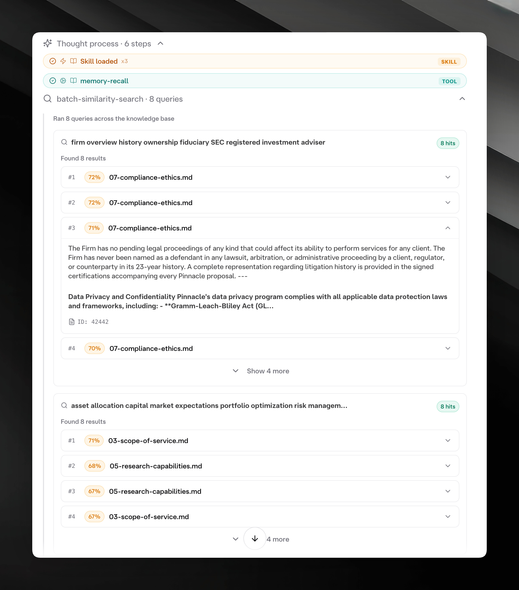 Expanded similarity search results showing multiple ranked queries with percentage match scores against named knowledge base files