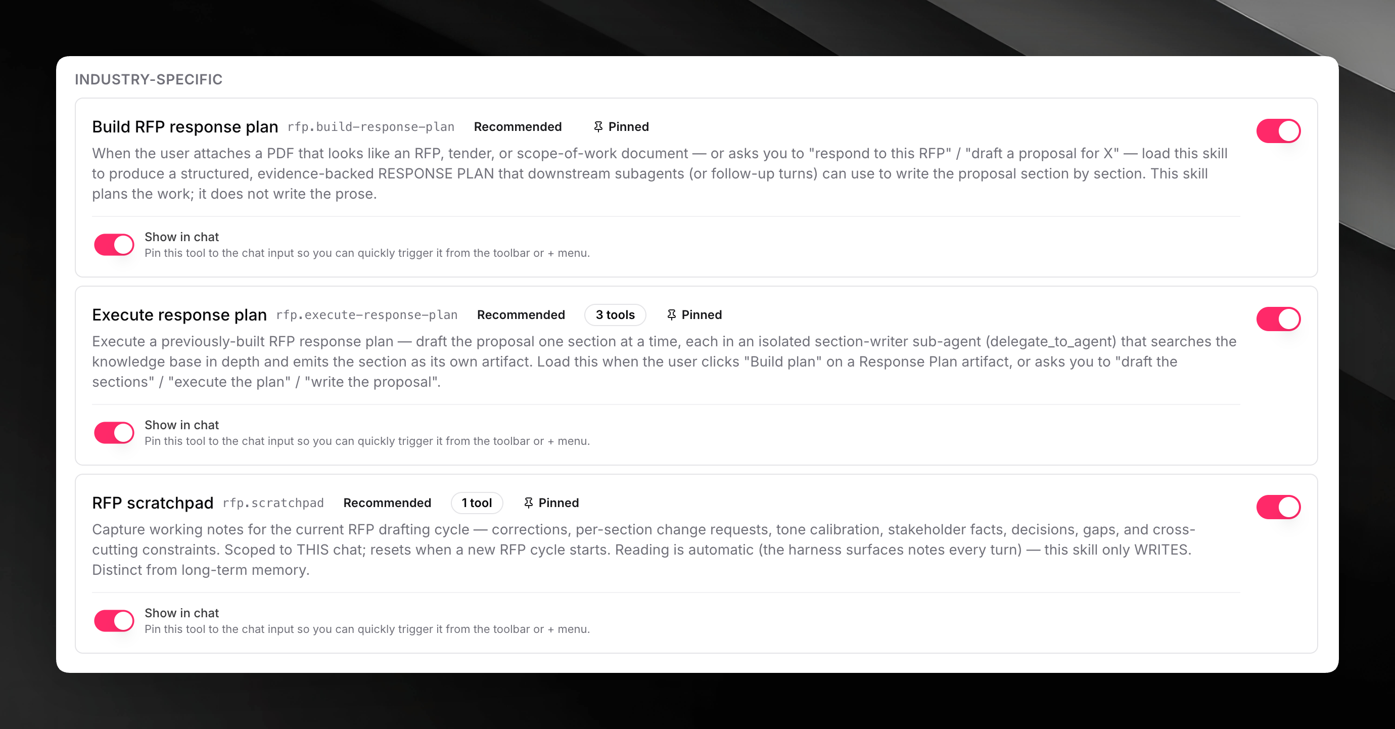 Mojar industry-specific skills showing build response plan, execute response plan, and RFP scratchpad with pinned toggles