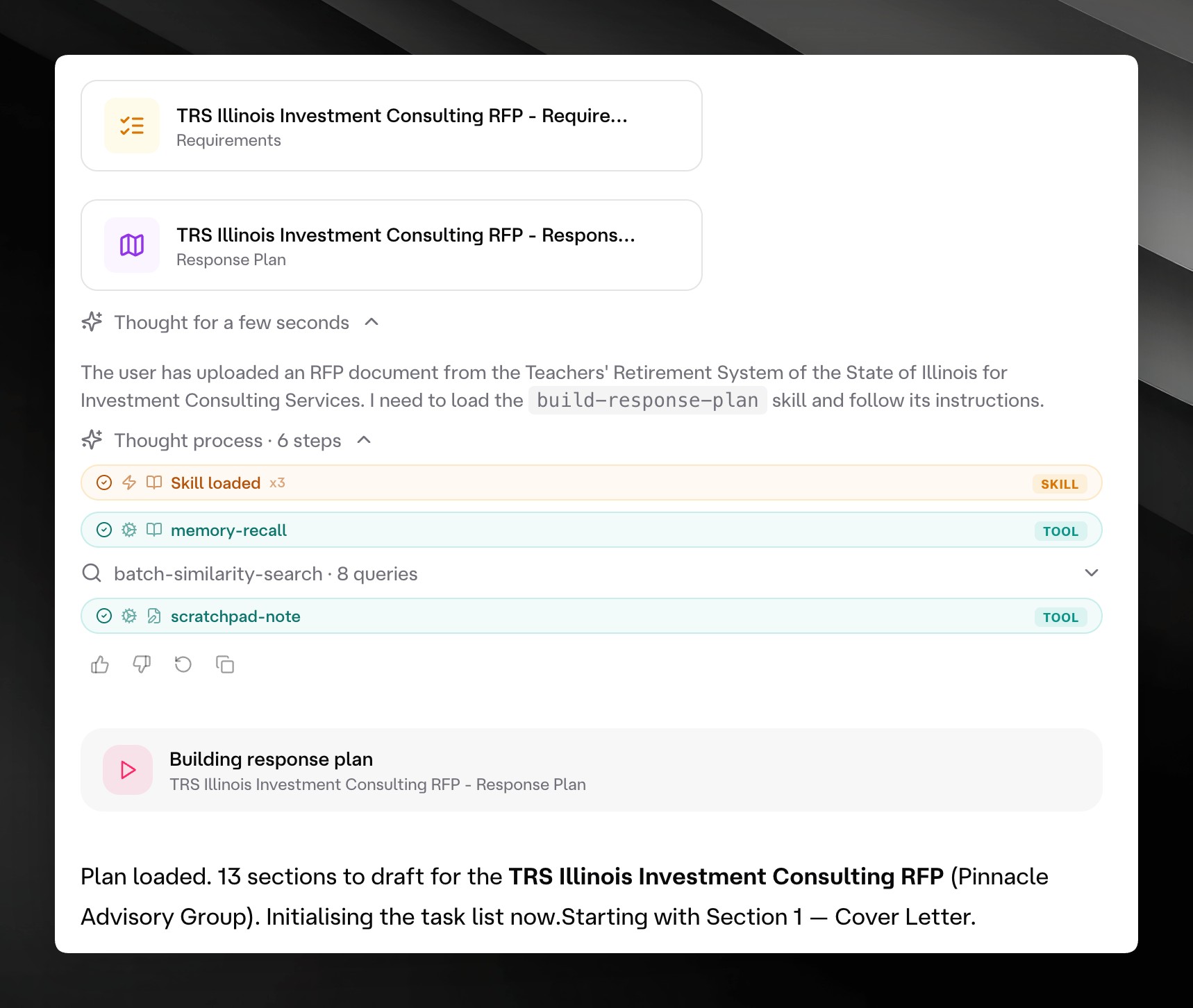 Mojar thought process panel showing skills loaded, memory recall, an 8-query batch similarity search, and a scratchpad note while building a response plan